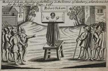 Robert Ockam staande op de schandpaal in de stad Newberry, waar hij geboren is, illustratie uit Handelingen en Monumenten van John Foxe, negende editie, uitgegeven 1684