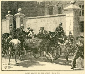 Robert Pates slaat de koningin buiten Cambridge House, illustratie uit Het leven en de tijden van koningin Victoria, Vol. II door Robert Wilson, 1888