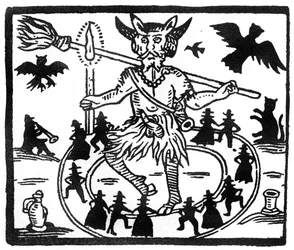 Robin Goodfellow, afgebeeld als Priapus met geitenhoorns, erecte penis en omringd door een cirkel van dansende aanbidders