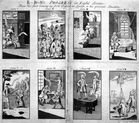 Robins Voortgang in acht scènes, vanaf zijn eerste aankomst uit Oxford in Londen tot zijn huidige situatie, 1733