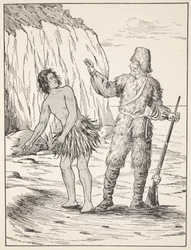 Robinson Crusoe en Vrijdag, illustratie uit Het verhaal van Robinson Crusoe: Een bewerking voor kinderen volgens Defoes taal, uitgegeven door Griffith Farran Browne & Co. Limited, Londen