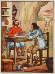 Robinson Crusoe en Vrijdag, illustratie uit Het verhaal van Robinson Crusoe: Een bewerking voor kinderen volgens Defoes taal, uitgegeven door Griffith Farran Browne & Co. Limited, Londen