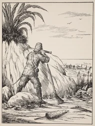 Robinson Crusoe, illustratie uit Het verhaal van Robinson Crusoe: Een bewerking voor kinderen volgens Defoes taal, uitgegeven door Griffith Farran Browne & Co. Limited, Londen