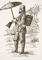 Robinson Crusoe, illustratie uit Het verhaal van Robinson Crusoe: Een bewerking voor kinderen volgens Defoes taal, uitgegeven door Griffith Farran Browne & Co. Limited, Londen