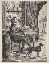 Robinson Crusoe in zijn grot, illustratie uit Het verhaal van Robinson Crusoe: Een bewerking voor kinderen volgens Defoes taal, uitgegeven door Griffith Farran Browne & Co. Limited, Londen