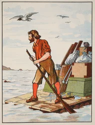 Robinson Crusoe op zijn vlot, illustratie uit Het verhaal van Robinson Crusoe: Een bewerking voor kinderen volgens Defoes taal, uitgegeven door Griffith Farran Browne & Co. Limited, Londen