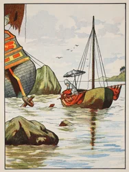 Robinson Crusoe redt een hond van een Spaans scheepswrak, illustratie uit Het verhaal van Robinson Crusoe: Een bewerking voor kinderen volgens Defoes taal, uitgegeven door Griffith Farran Browne & Co. Limited, Londen