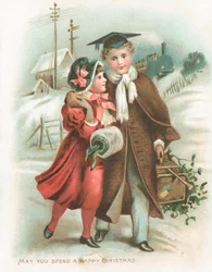 Romantisch koppel en stoomtrein, Kerstkaart