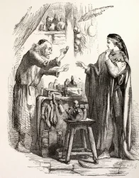 Romeo koopt gif van de apotheker, illustratie uit Romeo en Julia, uit 