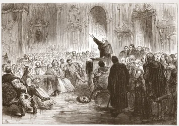 Roussel predikt in het Louvre, illustratie uit De Geschiedenis van het Protestantisme door James Aitken Wylie, gepubliceerd in 1878
