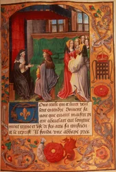 Abdis en haar leerling omringd door een groep dames die luisteren, uit 