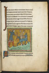 Royal 12 F.XIII, f.16 Een jager die een pijl op een dier schiet, Bestiarium (ff. 3-141), Lapidarium (ff. 141v-149), 2e kwart van de 13e eeuw
