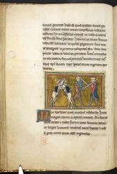 Royal 12 F.XIII, f.42v Twee ridders die te voet vechten met zwaarden, terwijl hun paarden elkaar bevechten op hun achterpoten, uit Bestiarium (ff. 3-141), Lapidarium (ff. 141v-149), 2e kwart van de 13e eeuw (perkament)
