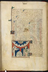 Een leeuwenbek en op een omgekeerde boog van wolk zes hoofden die de zeven donderslagen voorstellen: hieronder, links, de engel, en rechts, Johannes die op het punt staat in het boek te schrijven, uit 