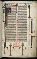Royal 1 D I, f.1r, Jerome, monniken op zuilen, uit de Bijbel van William van Devon (perkament)
