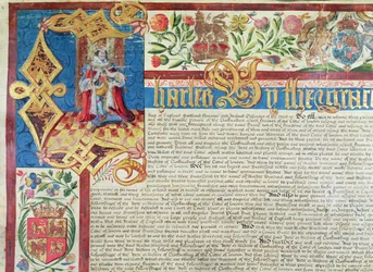 Koninklijk Handvest voor de Company of Clothmakers tijdens het bewind van Karel II (1630-85) (detail)