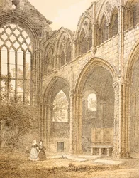 Ruïnes van Holyrood Abbey en de ingang naar de Koninklijke Kluis, uit The Scots Worthies door John Howie, tweede editie gepubliceerd in 1879