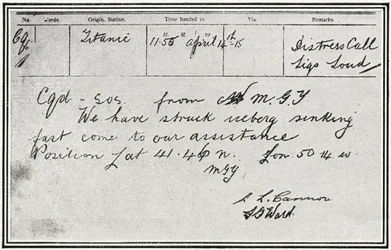 SOS-bericht ontvangen door de Russische stoomboot, Birma, ongeveer vijf minuten nadat de Titanic op 15 april 1912 een ijsberg raakte, uit "The Sphere", 04 mei 1912