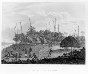 Zeelieden verzamelen proviand bij Car Nicobar, uit Reizen en Reizen naar India, Ceylon, De Rode Zee... door George, Burggraaf Valentia, gepubliceerd 1809