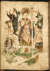 Saint Patrick, in bisschopskostuum, met een kruisbeeld en een zegenend gebaar, staat op het eiland Lough Derg, Donegal (Ierland), omringd door demonen en gekwelde zielen. Afbeelding uit ""Purgatorium van Saint Patrick"", Engels manuscript