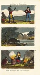 Samuel Hearne kijkt naar een zwaardenslikker van de inheemse bevolking, Noord-Amerikaanse bever, Castor canadensis en Indianen koken water in een houten vat met hete stenen