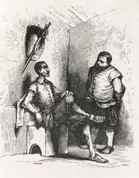 Sancho: Ik zou een zeldzame huisbaas maken, illustratie uit Act II, scène I van Don Quichot in Engeland. Een Komedie, gegraveerd door P. Soyer