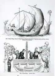 Saksisch schip, van een gravure in Strutts Chronicle of England en een wijnpers