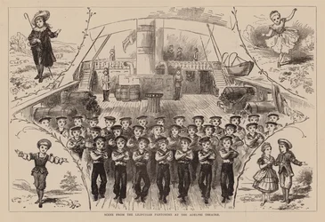 Scène uit de Liliputian Pantomime in het Adelphi Theater (gravure)