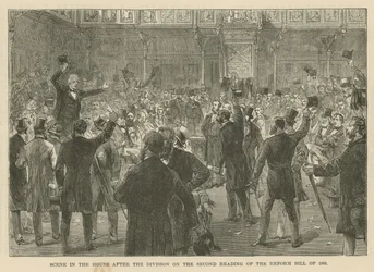 Scène in het Lagerhuis na de stemming over de tweede lezing van de Hervormingswet van 1866