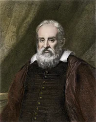 Wetenschappen en wetenschappers: Portret van Galileo Galilei dit Galilea, Italiaans astronoom (1564-1642). Kleurengravure.