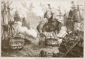 Zeeslag bij Trincomalee, illustratie uit Cassells Geïllustreerde Geschiedenis van India door James Grant, uitgegeven 1879