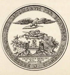 Zegel van de vrijmetselaars van Berlijn, 1812, uit ‘De geschiedenis van de vrijmetselarij, deel III’, uitgegeven door Thomas C. Jack, Londen, 1883