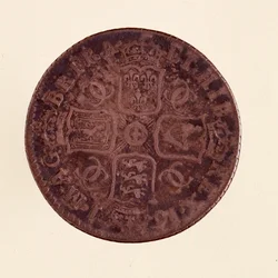 Zilveren Engelse Groschen, regeerperiode van koning Charles II van Engeland (1630-1685) 1671. Diam. 2,4 cm Napels, archeologisch museum