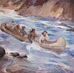 Simon Fraser schiet de stroomversnellingen van de Fraser River