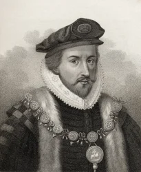 Sir Christopher Hatton, gegraveerd door Bocquet, illustratie uit 