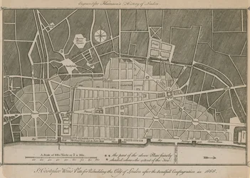 Sir Christopher Wrens plan voor de herbouw van de stad Londen na de verschrikkelijke brand in 1666