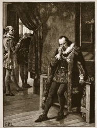 Sir Francis Bacon wachtend op een audiëntie van Buckingham, illustratie uit Cassells Geïllustreerde Geschiedenis van Engeland