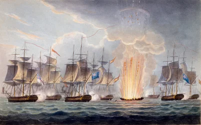 De actie van sir Graham Moore voor Kaap St. Mary, 5 oktober 1804, uit The Naval Chronology of Great Britain, door J. Ralfe