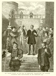 Sir Thomas Wyatt, op weg naar zijn executie, vrijwaart prinses Elizabeth van deelname aan zijn opstand, 1554