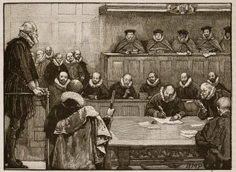 Sir Walter Raleigh voor de rechters, illustratie uit Cassells Geïllustreerde Geschiedenis van Engeland
