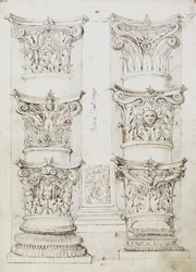 Zes kapitelen, een lesene en twee zuilbasissen, Folio 1, De meester van het Oxford-album, c.1512-17
