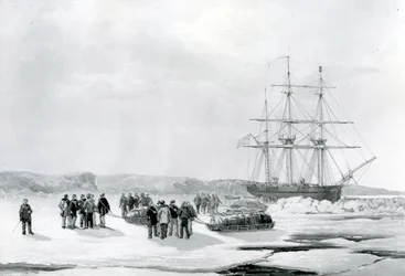 Sledepartij verlaat HMS Investigator in Mercy Bay, onder bevel van luitenant Gurney Creswell (lithografie)