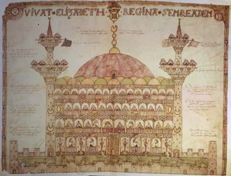 Sloane 5234 fol.91v-92 Weergave van Haghia Sophia, Constantinopel, met vers door Thomas Morgan