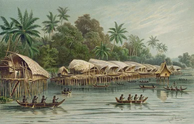 Sowek, een Paaldorp aan de Noordkust van Nieuw-Guinea, uit De Geschiedenis van de Mensheid, Vol.1, door Prof. Friedrich Ratzel, 1896