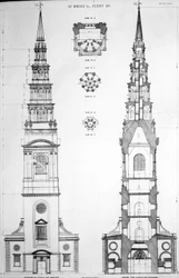 St. Brides, Fleet Street, Elevatie van het westelijke uiteinde, 19e eeuw