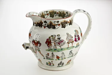 Staffordshire kan versierd met Harlekijnfiguren en carnavalsthema, 1866