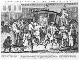 Sta Koetsier of de Hoogmoedige Dame Goed Passend, uitgegeven door J. Wakelin, 1750