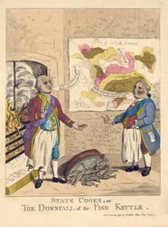 Staatskoks, of de ondergang van de visketel, pub. 1781 (handgekleurde gravure)