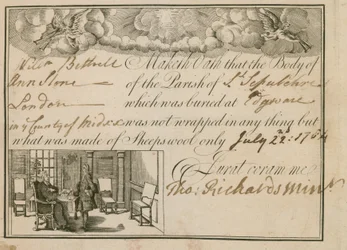 Verklaring dat Ann Slone werd begraven in schapenwol, 1784