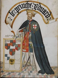 Stowe 594, f.14 Portret van Eduard, prins van Wales [de Zwarte Prins], stichtend ridder van de Orde van de Kousenband, uit het "Pictorial Book of Arms of the Order of the Garter" (William Bruge
